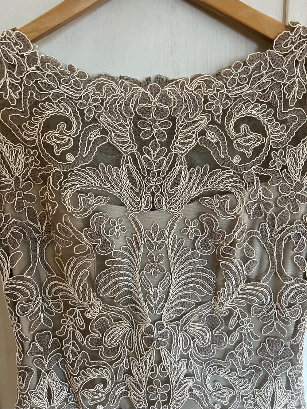 Tadashi Shoji Elegant Lace Overlay Dress in Taupe midi dress size 6 petite